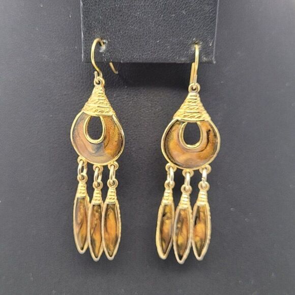 Vtg Berebi Signed Gold Brown Enamel Articulating Dangle Earrings Feather Boho - Picture 1 of 5